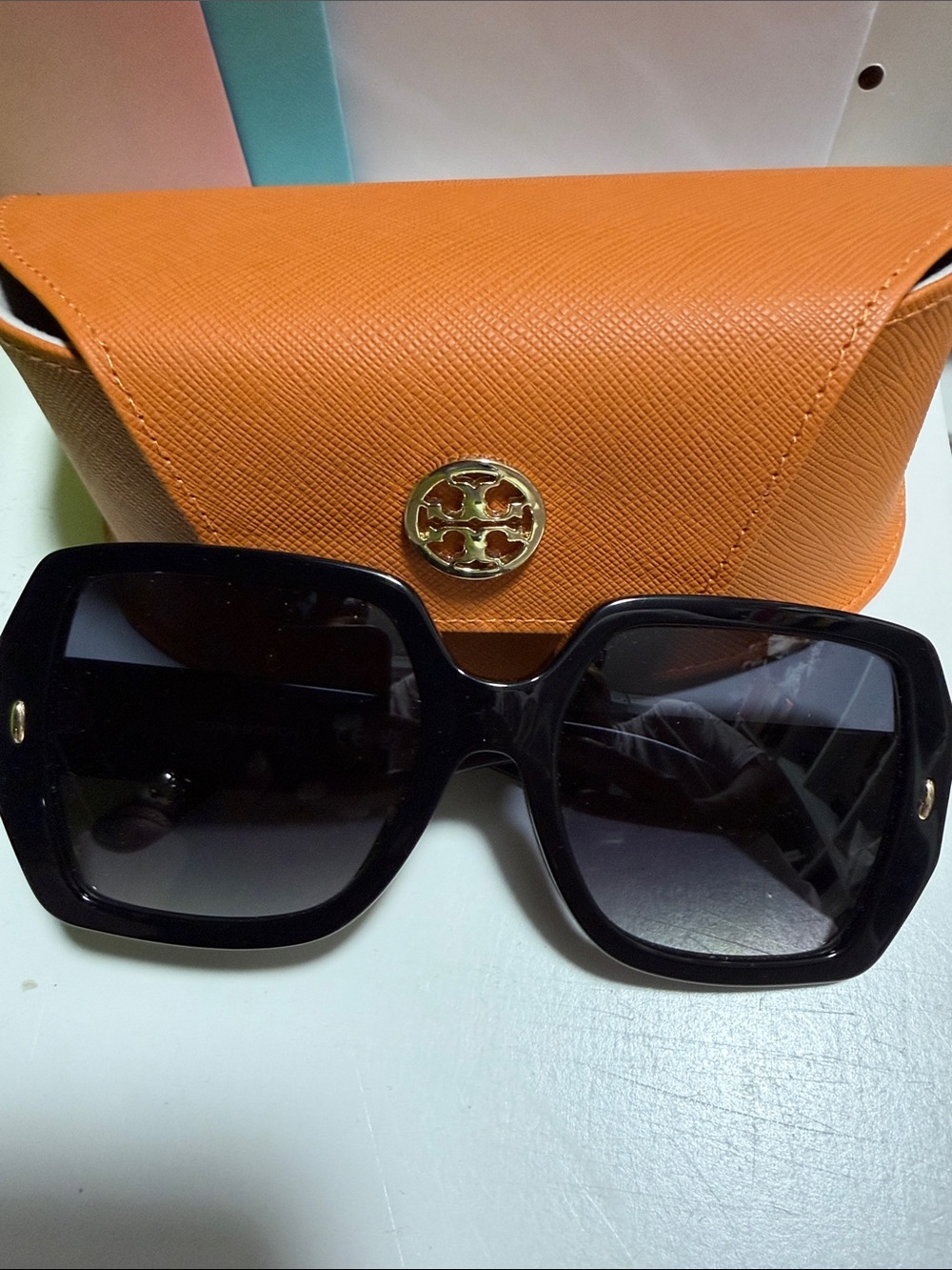 Tory Burch Black Square Sunglasses with Orange Logo Case